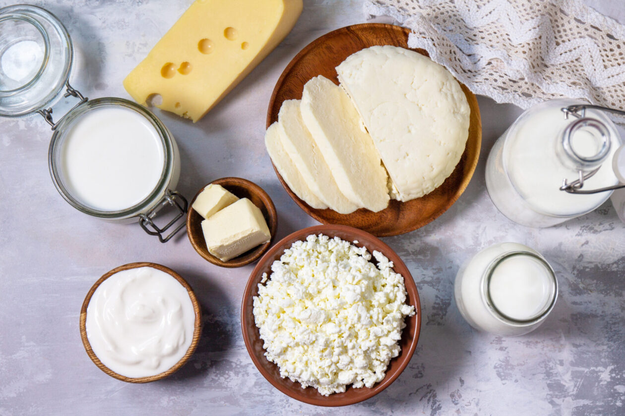 Set of different dairy products (milk, sour cream, cottage cheese, yogurt and butter) on a light stone countertop. Top view flat lay. | ソフィアウッズ・インスティテュート公式ブログ